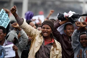 Protesters Chant Slogans During A Demonstration Over What They Say Is Unfair Distribution Of Wealth In The Country At Meskel Square In Ethiopia's Capital Addis Ababa